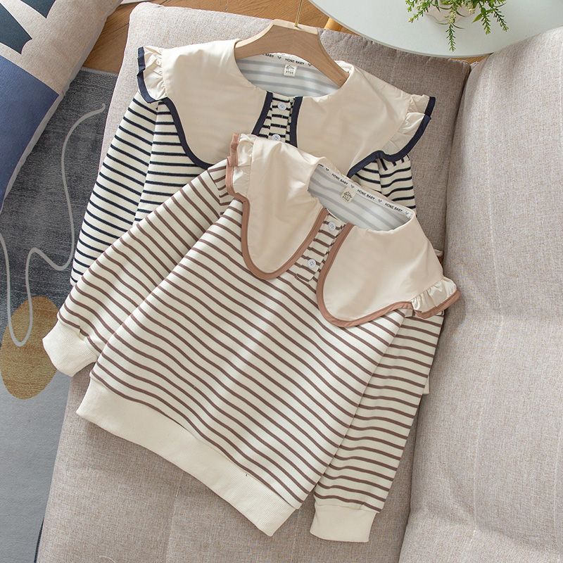 Áo Sweater Tay Dài Cổ Búp Bê Họa Tiết Kẻ Sọc Thời Trang Xuân Thu Mới 2023 Dành Cho Bé Gái