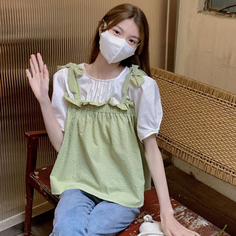 Áo Sơ Mi Cổ Tròn Giả Hai Lớp Thắt Nơ Phong Cách Hàn Quốc 2023 10.14