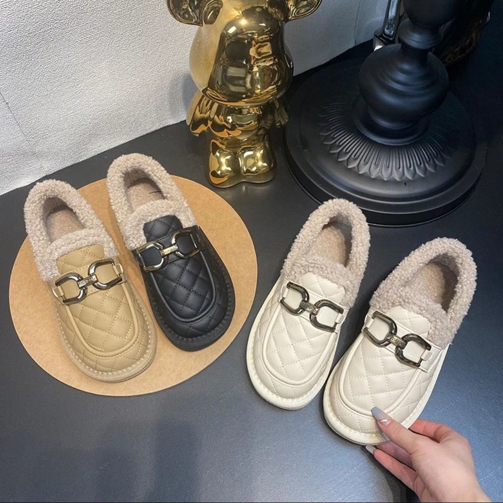 Giày Lười Phủ Lông Giữ Ấm Chống Thấm Nước Thời Trang Thu Đông Cho Nữ