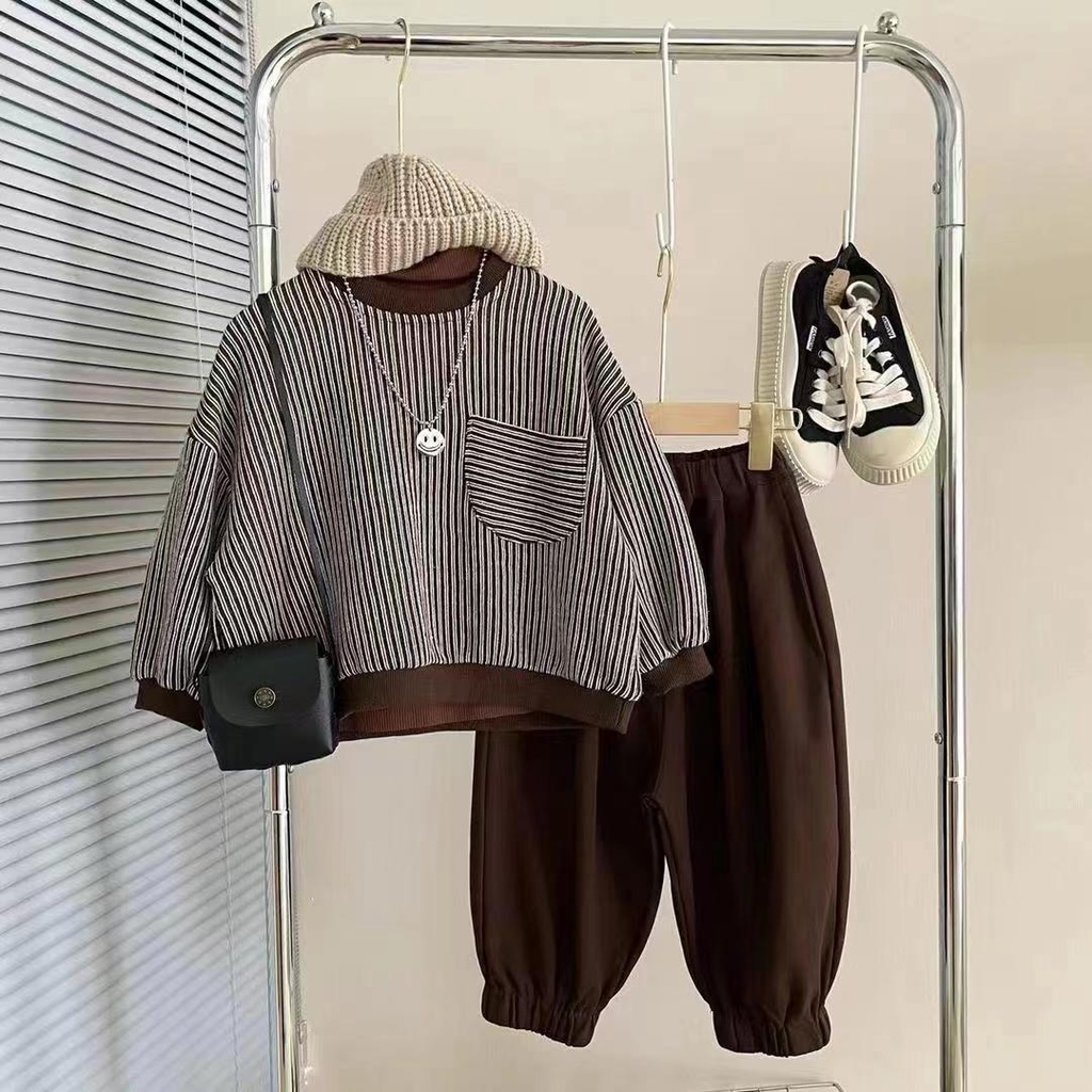 Bộ Áo Sweater Kẻ Sọc + Quần Dài Thời Trang Xuân Thu Phong Cách Hàn Quốc Cho Bé Trai Và Gái