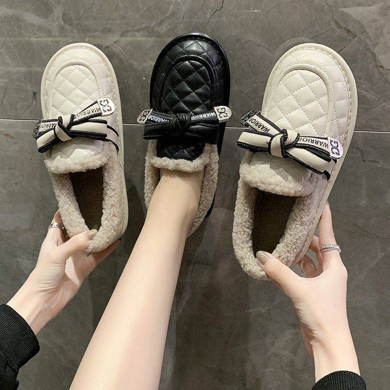 Giày Búp Bê Dép Bông Phối Lông Thời Trang Hàn Quốc Mary Jane Nữ