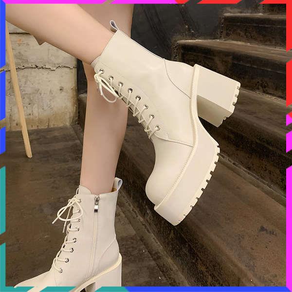 Giày Bốt Da Cao Gót Mũi Tròn Đế Dày Cột Dây Chống Thấm Nước Phong Cách retro Cho Nữ