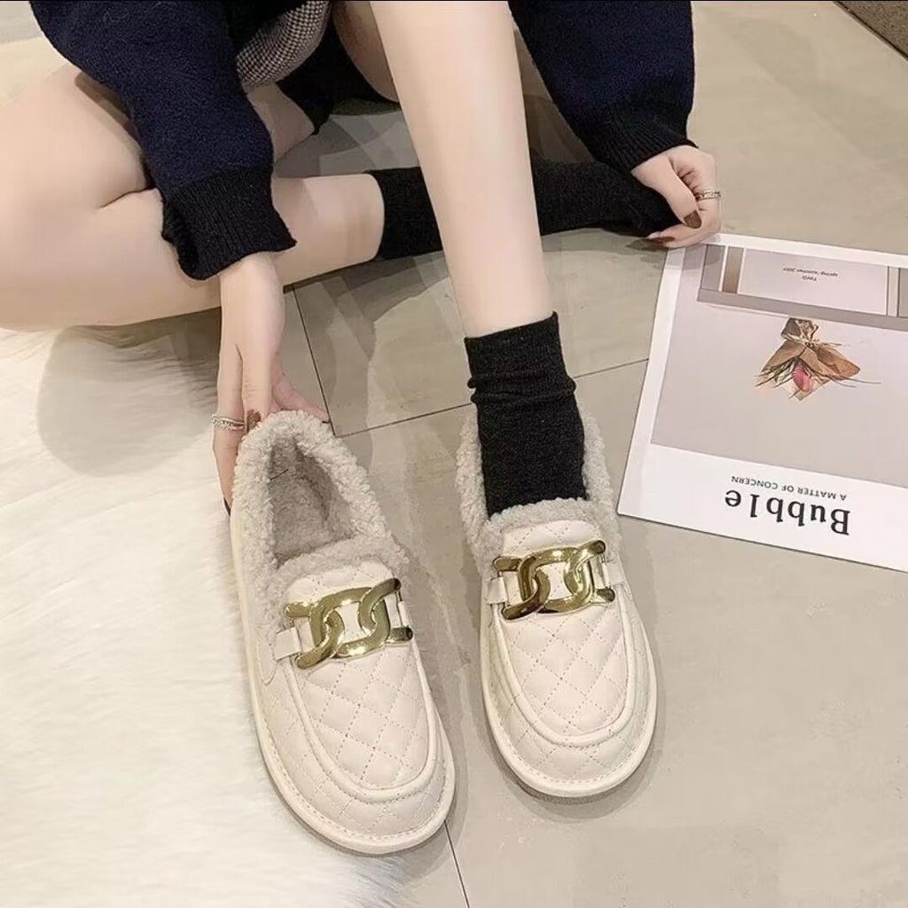 Giày Lười Phủ Lông Giữ Ấm Chống Thấm Nước Thời Trang Thu Đông Cho Nữ