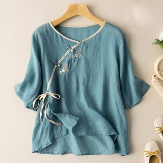 Hàng mới về áo sơ mi cotton lanh ngắn tay thêu họa tiết nghệ thuật phong cách retro mùa hè 2023 cho nữ