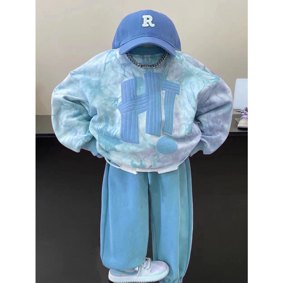 Hàng Có Sẵn Bộ Đồ Mùa Thu Thiết Kế Màu Nhuộm Cao Cấp Dành Cho Bé Trai h! Set Áo Nỉ Dài Tay In Chữ + Quần Dài Thời Trang Nữ