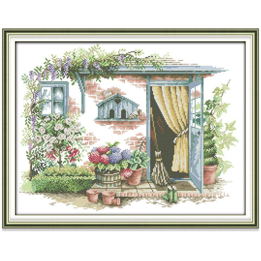 Tranh thêu chữ thập Sân trong Vườn hoa Phong cảnh Bộ thêu chữ thập, Vải in Vải không in 14CT 11CT