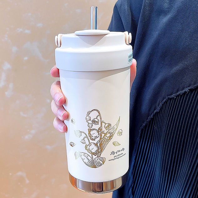 Thermos Bình Nước Giữ Nhiệt Cao Cấp 00616 Bằng Sứ Họa Tiết Hoa lily Độc Đáo Thời Trang Cho Nữ