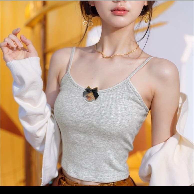1: Spot Sweet Cool Girl Hot Bow Sling Áo Vest Nhỏ Nữ 2024 Mùa Hè Mới Với Tấm Lót Ngực Nguyên Chất De