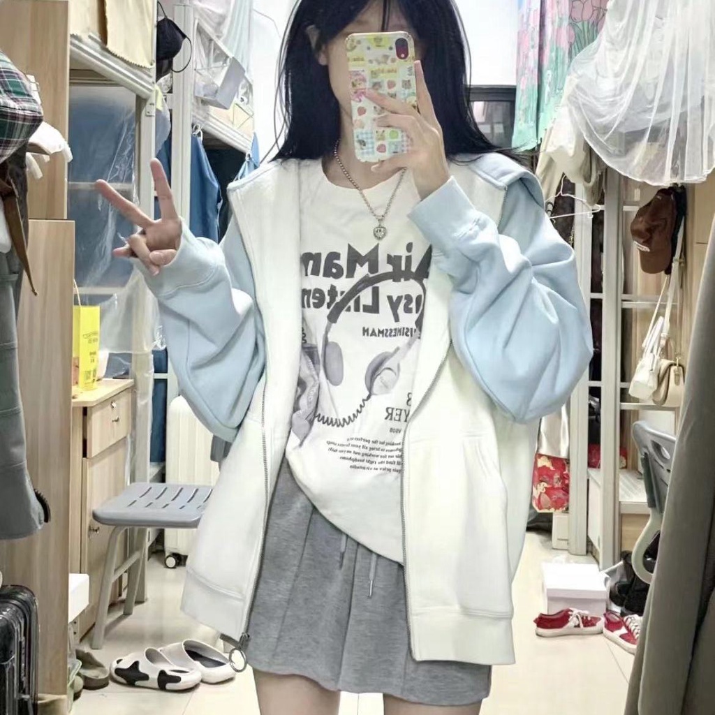 Áo Khoác Hoodie Dáng Rộng Có Khóa Kéo Màu Be / Xanh Nhạt Thời Trang Cho Nữ Thẻ