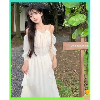 set váy trễ vai váy trễ vai nữ Thêm kích thước nhẹ nhàng gió halterneck off-the-shoulder váy voan mùa hè của phụ nữ váy voan không đều mỡ mm mỡ che bụng váy dài mỏng