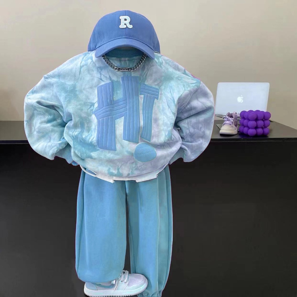 Hàng Có Sẵn Bộ Đồ Mùa Thu Thiết Kế Màu Nhuộm Cao Cấp Dành Cho Bé Trai h! Set Áo Nỉ Dài Tay In Chữ + Quần Dài Thời Trang Nữ