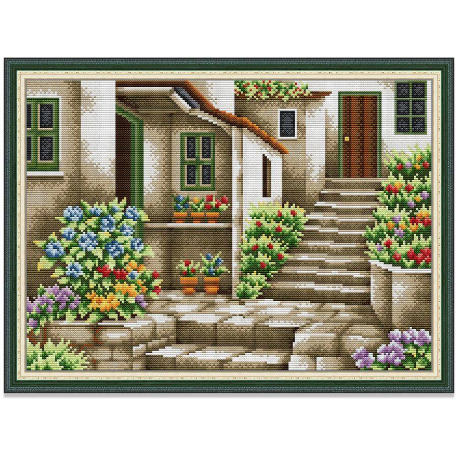 Tranh thêu chữ thập Sân trong Vườn hoa Phong cảnh Bộ thêu chữ thập, Vải in Vải không in 14CT 11CT