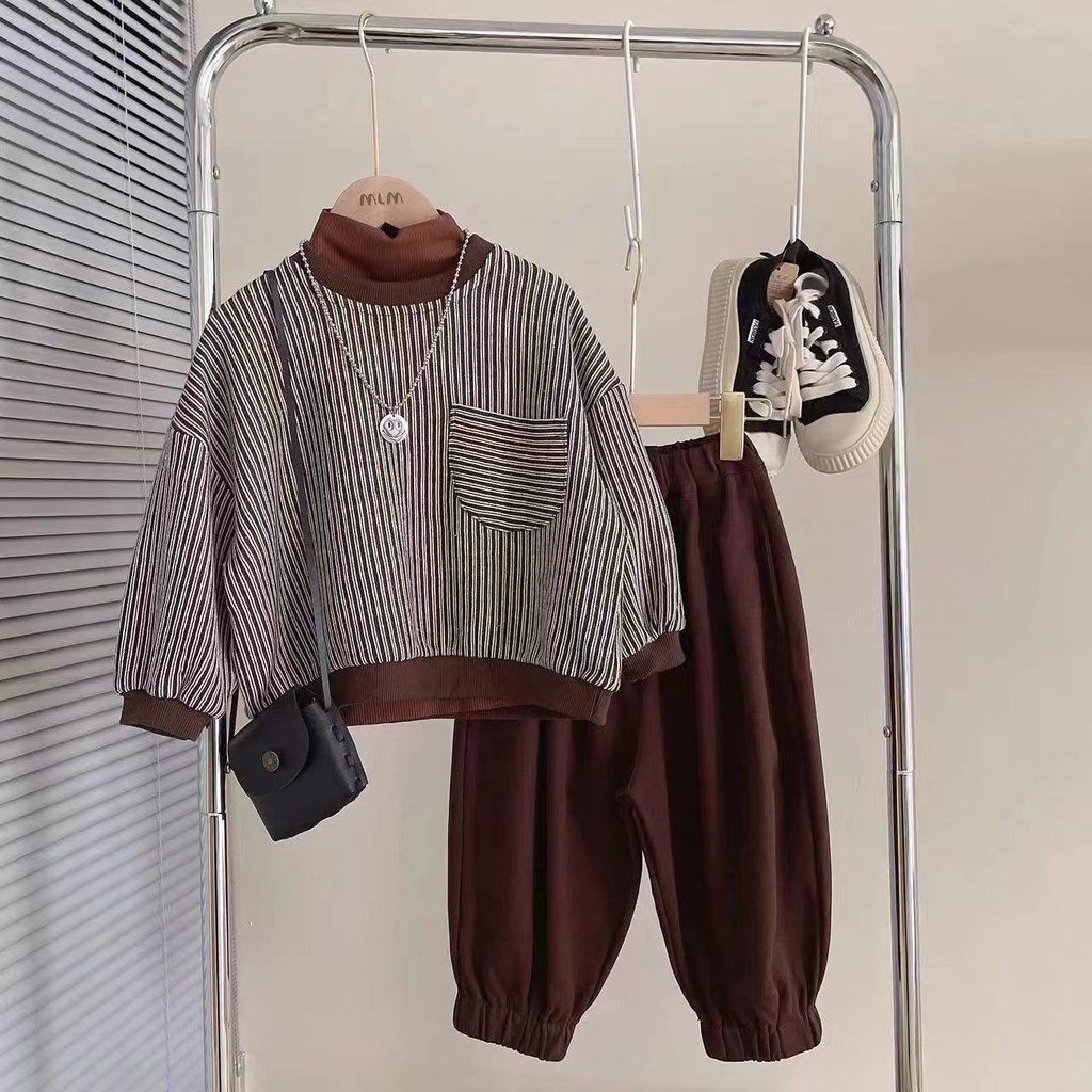Bộ Áo Sweater Kẻ Sọc + Quần Dài Thời Trang Xuân Thu Phong Cách Hàn Quốc Cho Bé Trai Và Gái