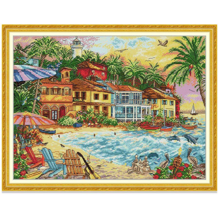 Tranh thêu chữ thập Thị trấn nhỏ Bờ biển Phong cảnh Bộ thêu chữ thập, Vải in Vải không in 14CT 11CT