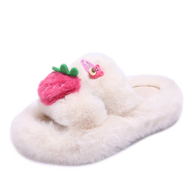 Dép quai ngang đế dày đính lông hình gấu dâu tây đáng yêu