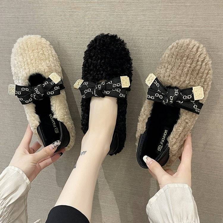 Giày Dép Lông Mary Jane Đế Mềm Thời Trang Hàn Quốc Dành Cho Nữ