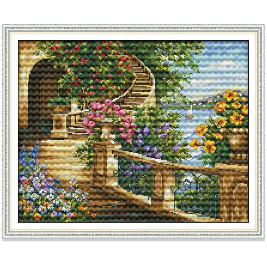 Tranh thêu chữ thập Sân trong Vườn hoa Phong cảnh Bộ thêu chữ thập, Vải in Vải không in 14CT 11CT