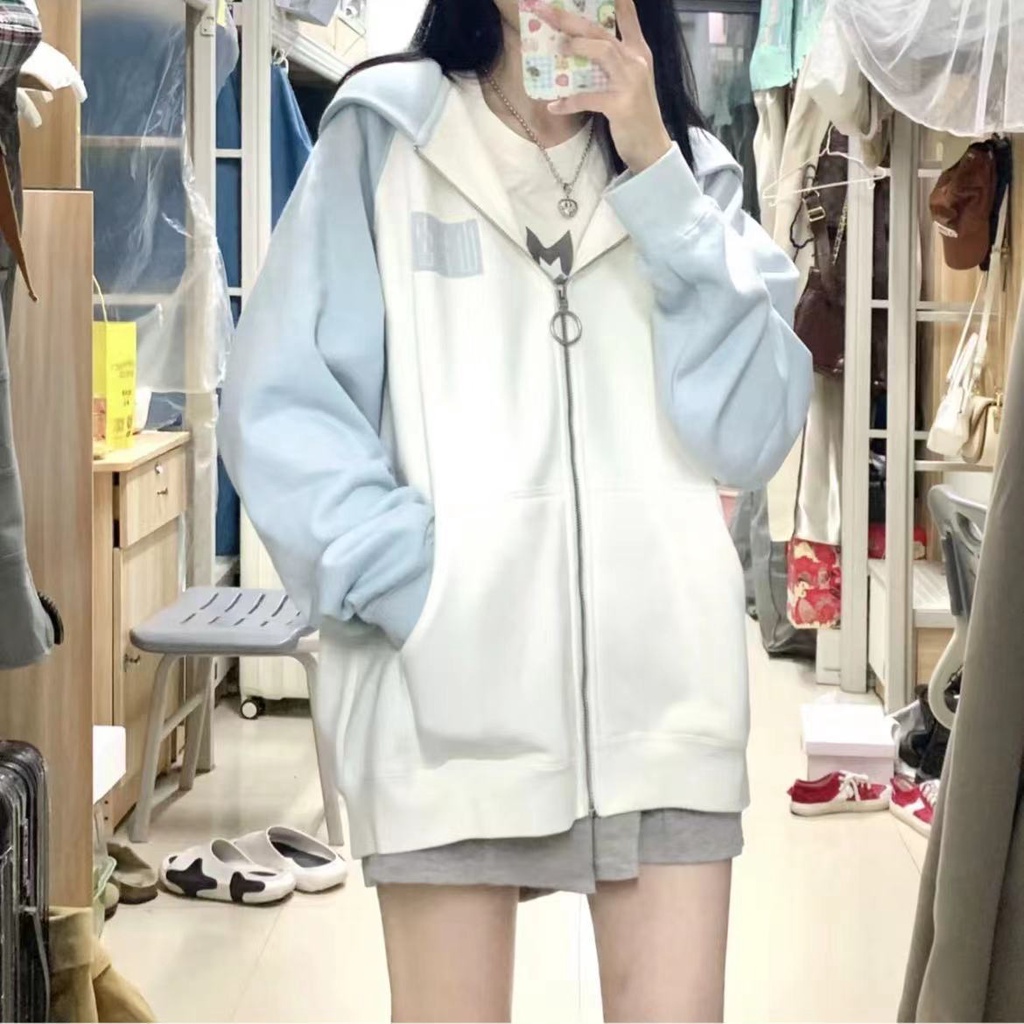 Áo Khoác Hoodie Dáng Rộng Có Khóa Kéo Màu Be / Xanh Nhạt Thời Trang Cho Nữ Thẻ