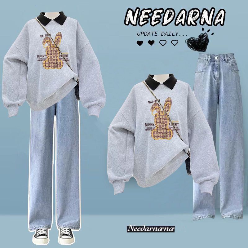 Set Áo Thun polo Có Cổ + Quần jeans Dài Thời Trang Nữ