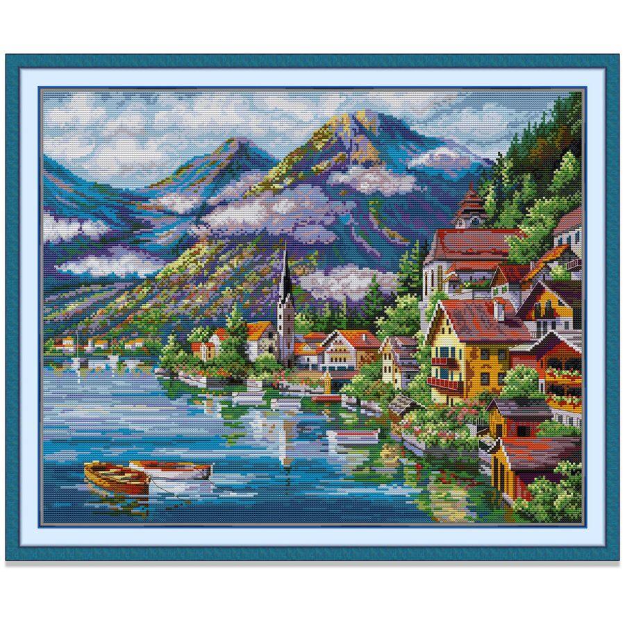 Tranh thêu chữ thập Thị trấn nhỏ Bờ biển Phong cảnh Bộ thêu chữ thập, Vải in Vải không in 14CT 11CT