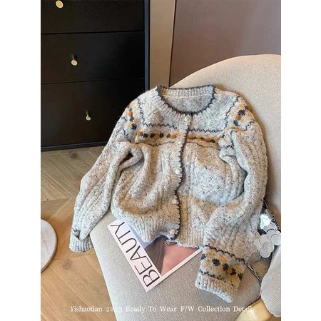 Áo khoác thom browne áo len thom browne Gió lười, áo khoác sáp mềm mại, áo thêu rộng rãi mùa thu đông, áo len siêu ưa cao cấp, áo cardigan dệt kim màu xám nữ