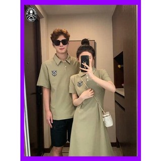 váy sơ mi dáng dài váy xuông dáng dài Trang phục mùa hè cho cặp vợ chồng không đâm vào áo 2023 xu hướng mới ins siêu lửa đại học gió polo cổ áo đầm ẩm ướt