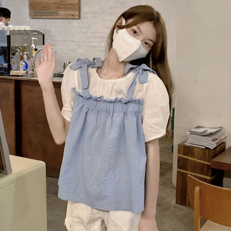 Áo Sơ Mi Cổ Tròn Giả Hai Lớp Thắt Nơ Phong Cách Hàn Quốc 2023 10.14