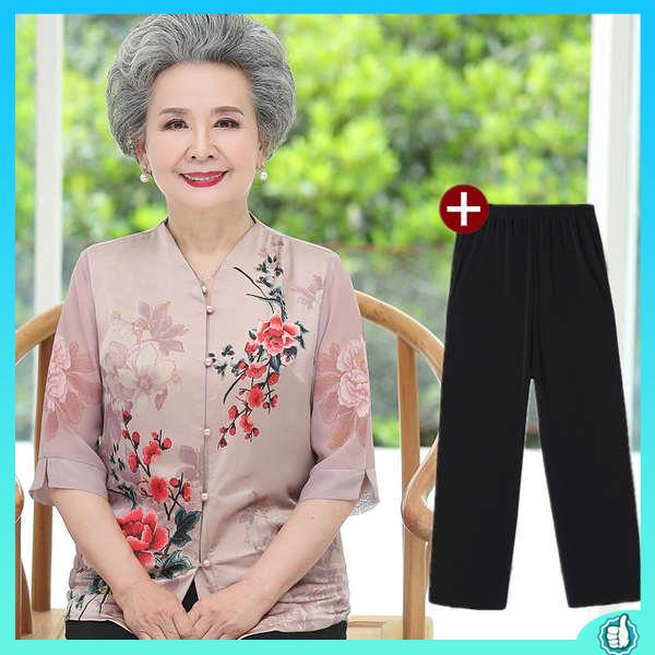Đồ bộ trung niên cho mẹ quần áo cho mẹ trung niên Granny mùa hè phù hợp với bảy tay áo 60-70 tuổi quá bà 8 mẹ trên quần áo người già trung niên ngắn tay áo sơ mi nữ