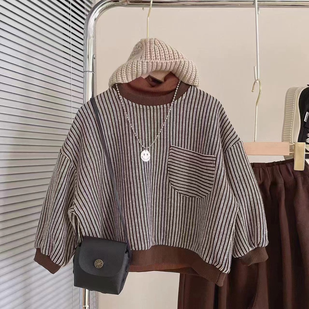 Bộ Áo Sweater Kẻ Sọc + Quần Dài Thời Trang Xuân Thu Phong Cách Hàn Quốc Cho Bé Trai Và Gái