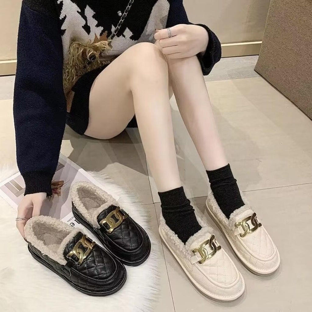 Giày Lười Phủ Lông Giữ Ấm Chống Thấm Nước Thời Trang Thu Đông Cho Nữ