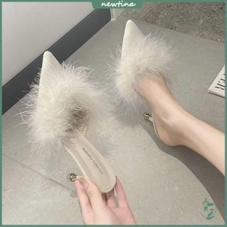 Dép Cao Gót Thu Đông Quai Ngang Phối Lông Thời Trang Nữ