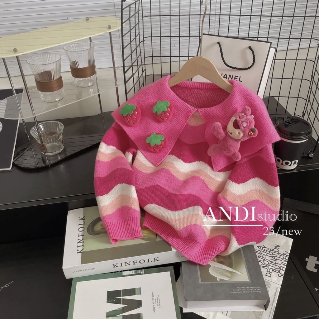 Áo sweater Cổ Búp Bê Họa Tiết Gấu Hoạt Hình Thời Trang Thu Đông Cho Bé Gái