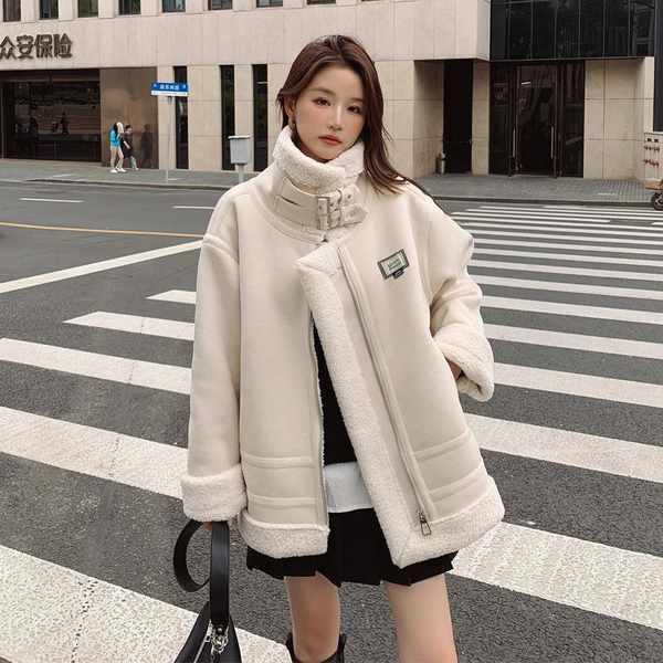 Áo len cổ lọ áo len tăm cổ 3 phân Áo khoác lông cừu giả lông cừu nữ mùa đông cao cấp 2023 phong cách mới bùng nổ da một mảnh cộng với nhung dày áo khoác xe máy