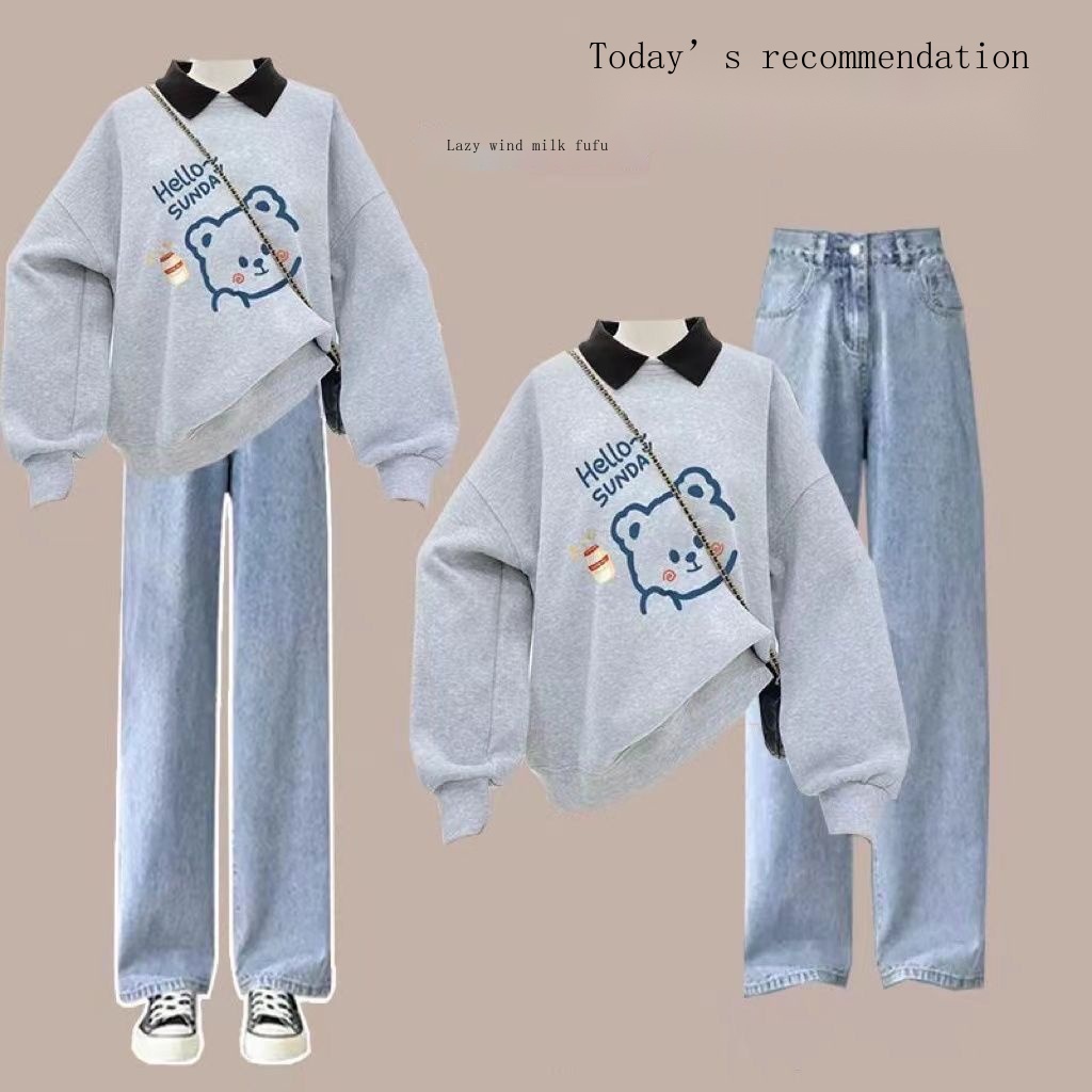 Set Áo Thun polo Có Cổ + Quần jeans Dài Thời Trang Nữ