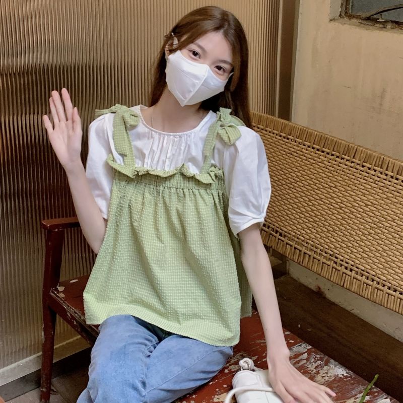 Áo Sơ Mi Cổ Tròn Giả Hai Lớp Thắt Nơ Phong Cách Hàn Quốc 2023 10.14