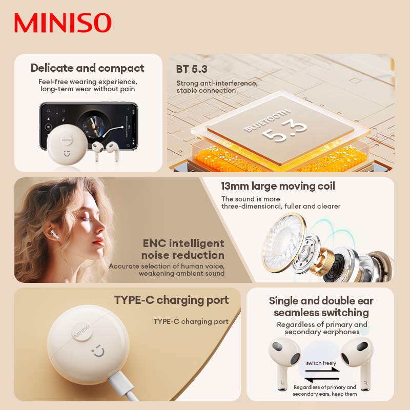 Tai nghe Bluetooth Lenovo × Miniso MCT07 Chất lượng âm thanh HD