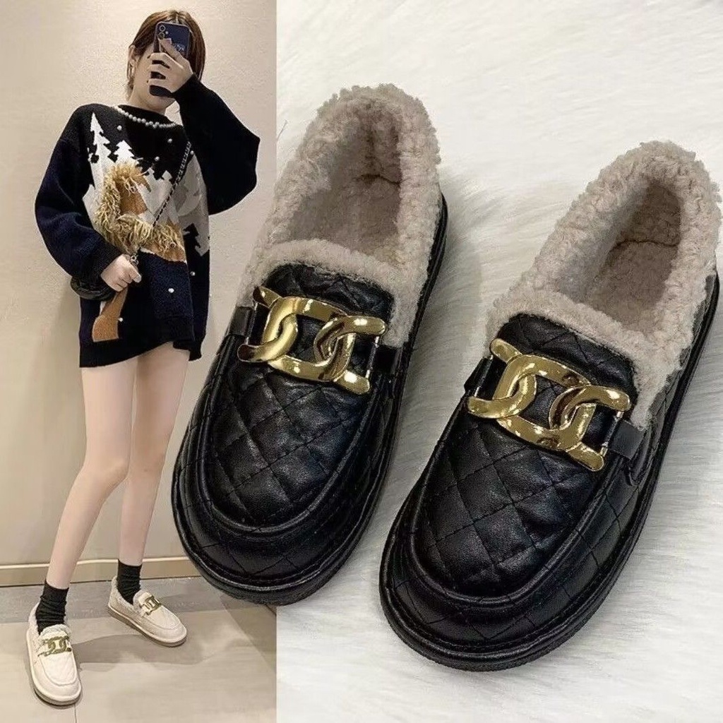 Giày Lười Phủ Lông Giữ Ấm Chống Thấm Nước Thời Trang Thu Đông Cho Nữ