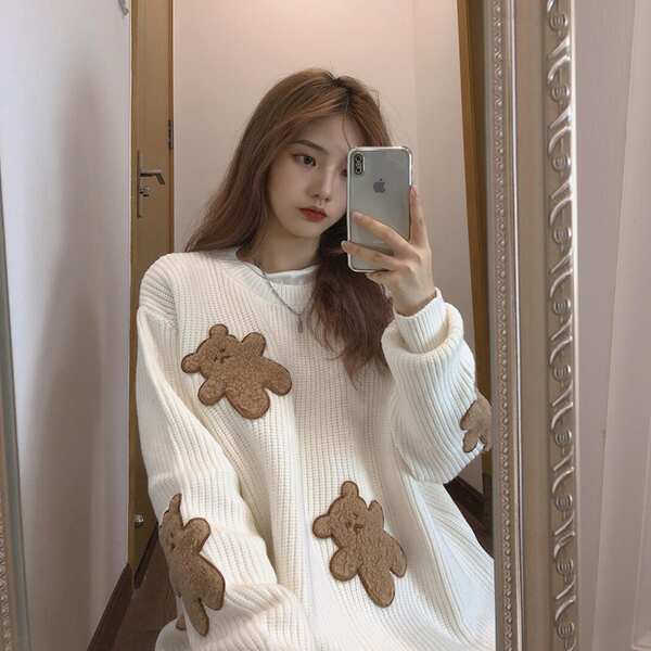 Áo sweater Cổ Tròn Dáng Rộng Hình Bánh Quy / Gấu Dễ Thương Kiểu Mới 2023