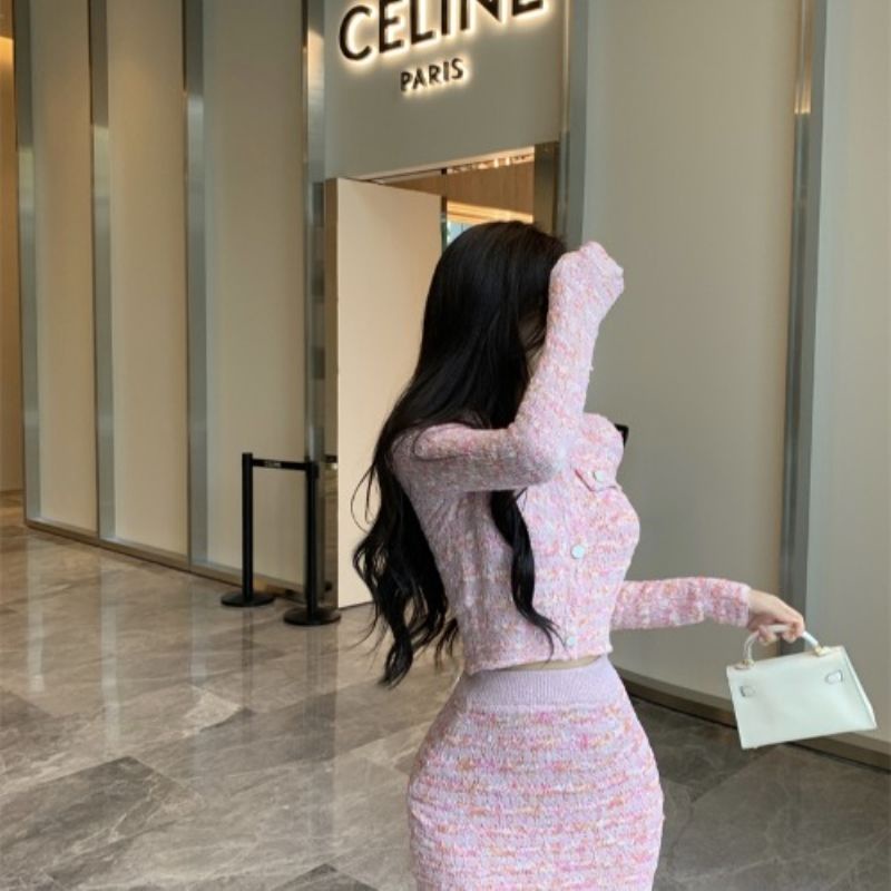 Set Áo Khoác Len Dài Tay + Chân Váy Ôm Hông Thời Trang Dành Cho Nữ