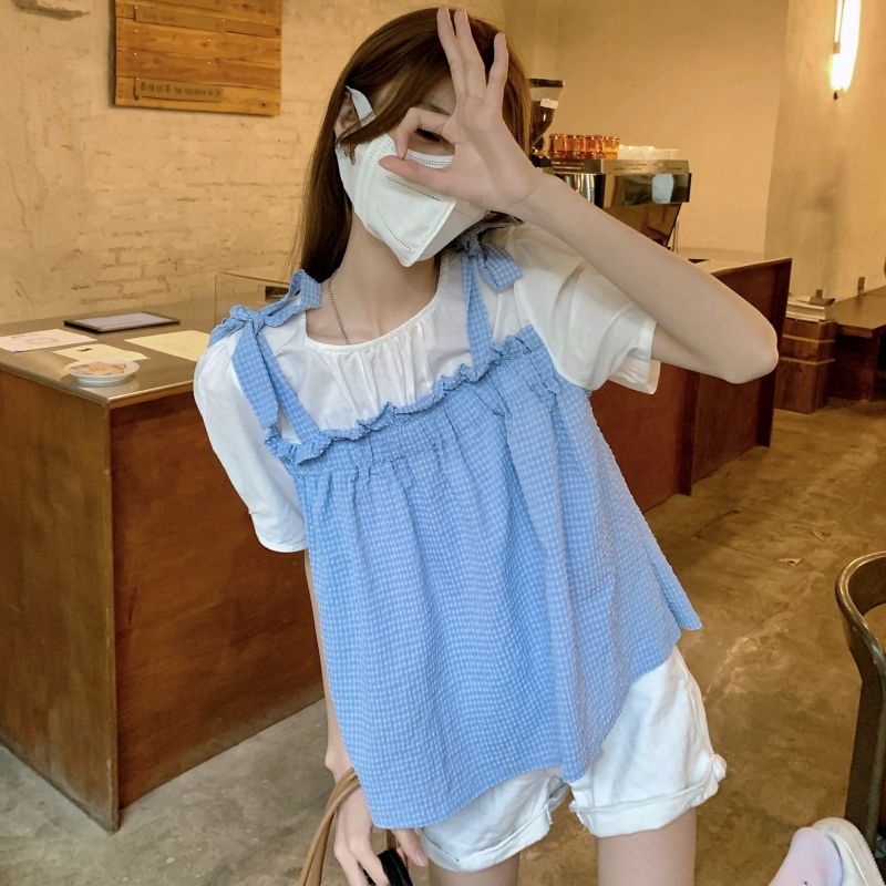 Áo Sơ Mi Cổ Tròn Giả Hai Lớp Thắt Nơ Phong Cách Hàn Quốc 2023 10.14