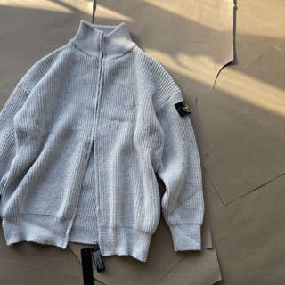 Đá * Đảo Nặng Màu Trơn Áo Len Dệt Kim Cardigan Mùa Đông Đứng Cổ Nam Nữ Cặp Đôi Huy Hiệu Áo Khoác