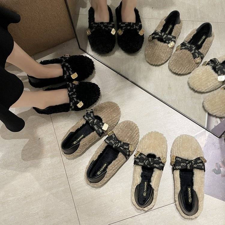 Giày Dép Lông Mary Jane Đế Mềm Thời Trang Hàn Quốc Dành Cho Nữ