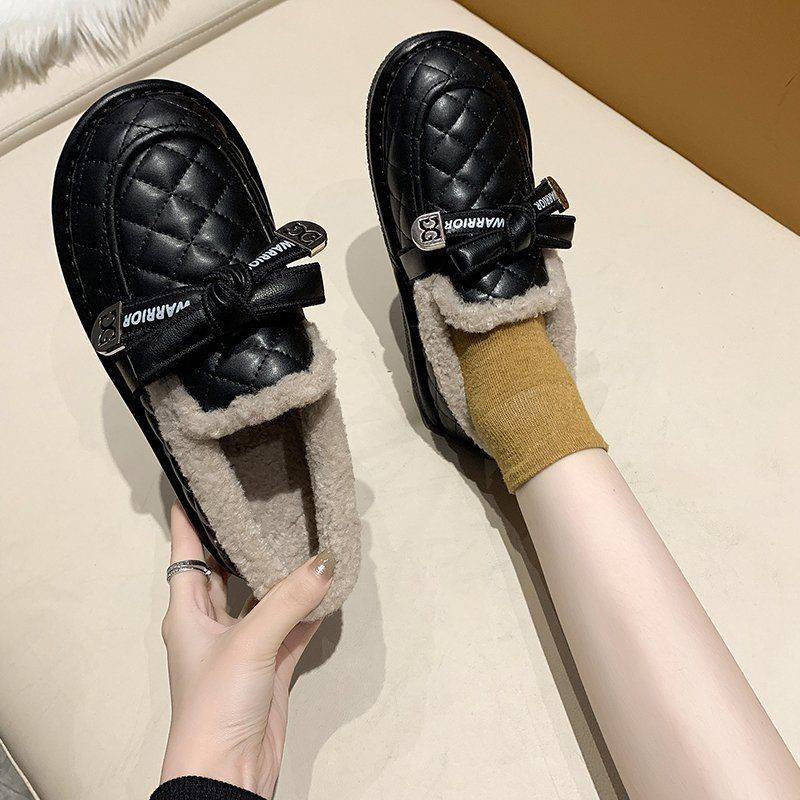 Giày Búp Bê Dép Bông Phối Lông Thời Trang Hàn Quốc Mary Jane Nữ