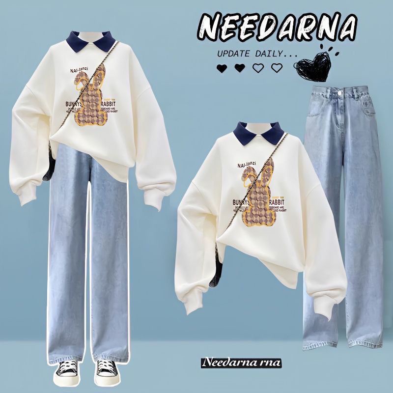 Set Áo Thun polo Có Cổ + Quần jeans Dài Thời Trang Nữ