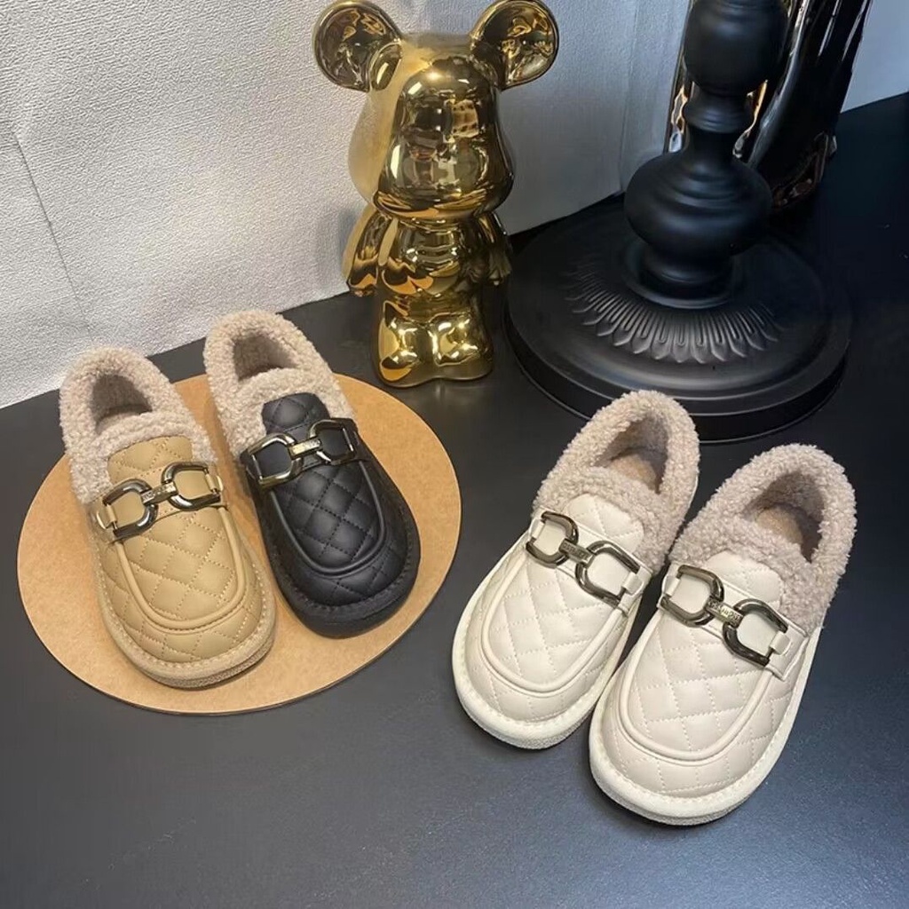Giày Lười Phủ Lông Giữ Ấm Chống Thấm Nước Thời Trang Thu Đông Cho Nữ