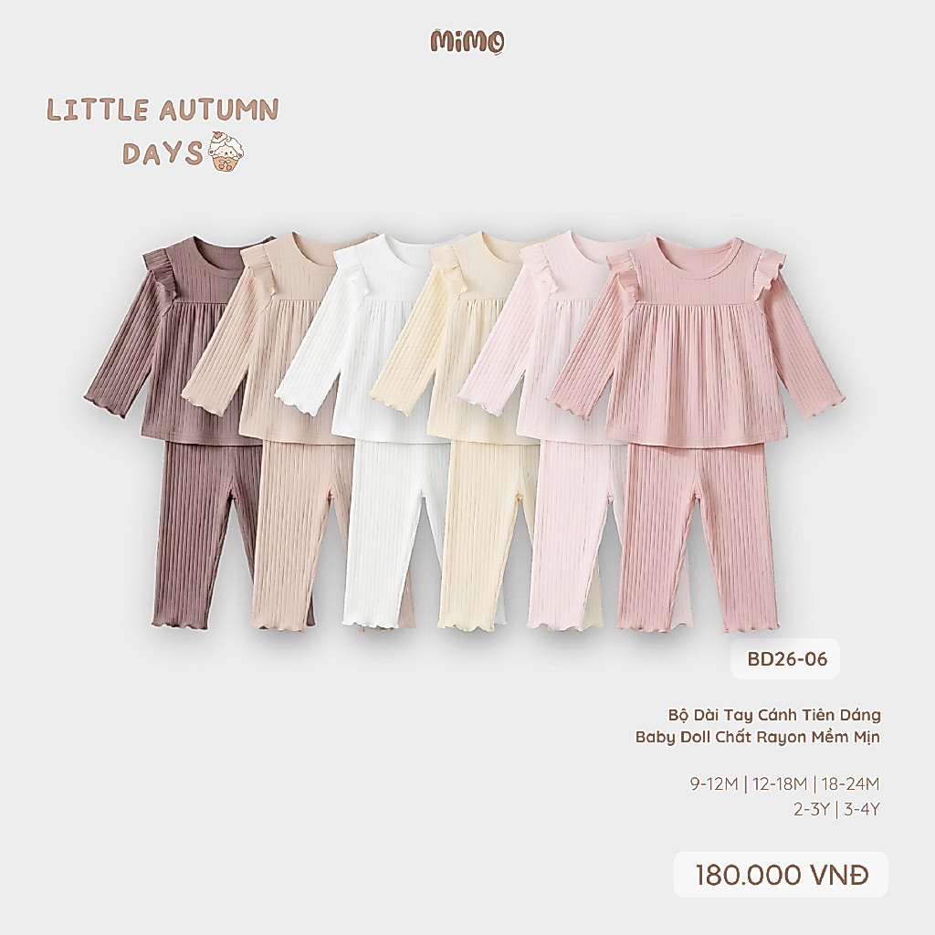 Bộ Dài Tay Cánh Tiên Dáng Baby Doll Chất Rayon Mềm Mịn Cho Bé Mimo Baby BD26-06