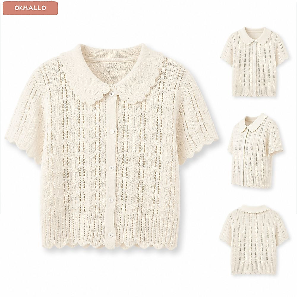 OKHALLO Áo sơ mi dệt kim tay ngắn, kết cấu Openwork Peter Pan Collar Crop Đan Top, Crop Style Button