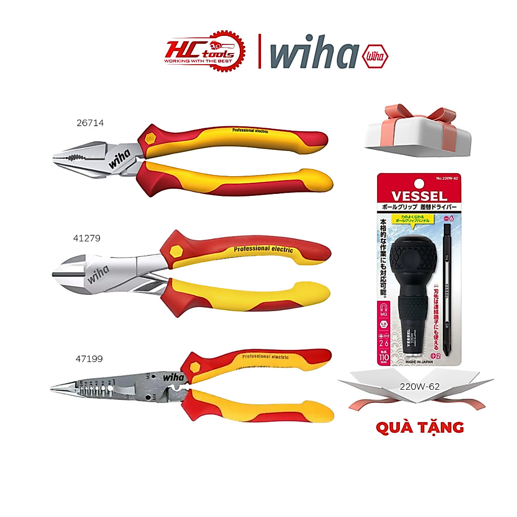 Combo 3 Kìm Cách Điện Wiha (26714 - 41279 - 47199) VDE 1000V Tặng Vessel 220W-62 - HCTOOLS VN