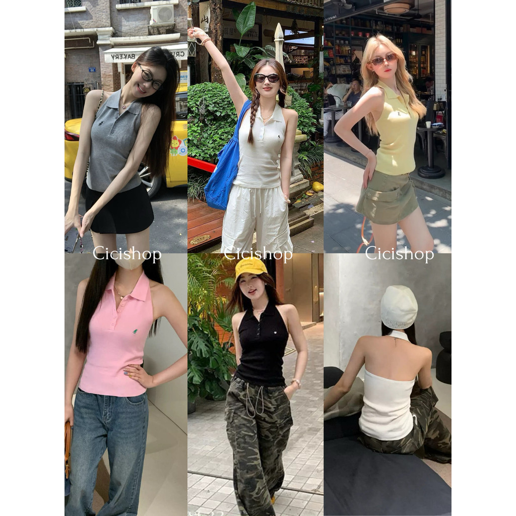 Cicishop (A2866) Áo Len Polo Dây Đeo Cổ Nút Trước Chi Tiết Thể Hiện Lưng Nhỏ Đeo Nó Và Nhìn Siêu Mạn