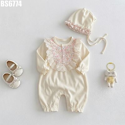 Body Dài Tay Bé Gái Phối Yếm Hoa Ren Bèo Màu Kem Phong Cách Vintage MINTSCLOSET BS6774